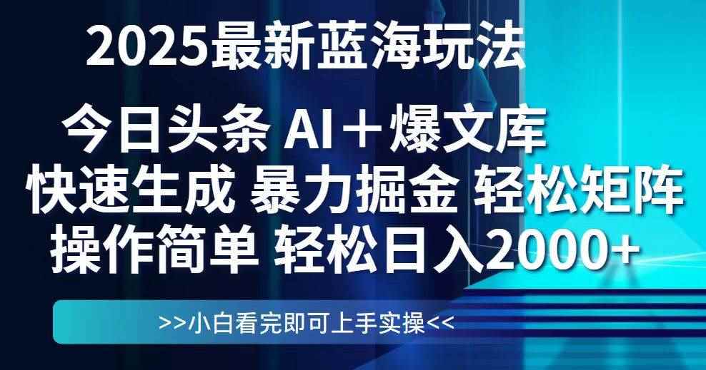 （14805期）今日头条2025最新蓝海玩法，思路简单，复制粘贴，轻松实现矩阵日入2000+-咩咩网络