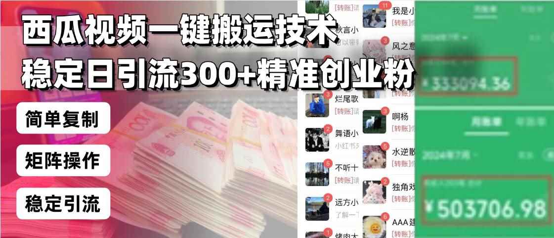 （13961期）西瓜视频一键搬运技术，稳定日引流300+精准创业粉，简单可复制给团队，…-咩咩网络