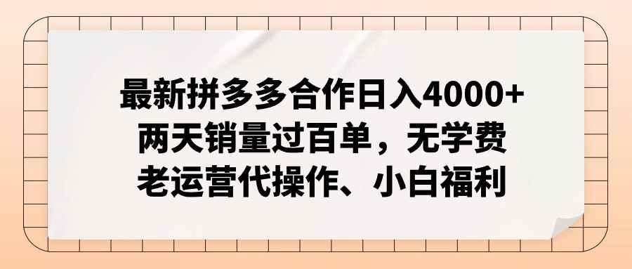 （12869期）拼多多最新合作日入4000+两天销量过百单，无学费、老运营代操作、小白福利-咩咩网络
