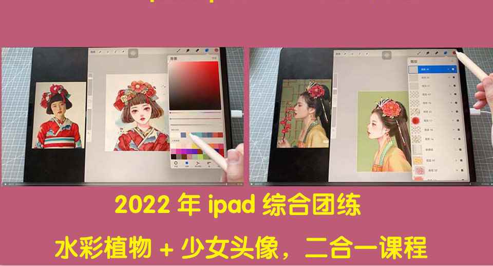 （4002期）2022年ipad综合团练水彩植物+少女头像，二合一课程（40节课）-咩咩网络