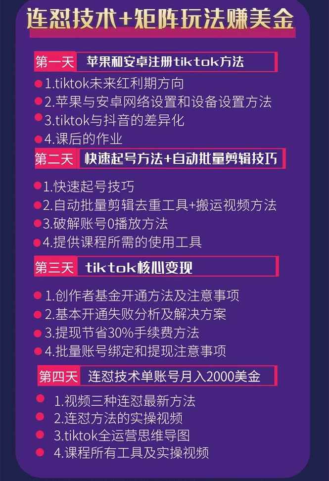 图片[2]-（1708期）tiktok变现四天实战班：连怼技术+矩阵玩法赚,单账号月入2000美金(实操视频)-咩咩网络