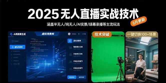 （15621期）2025无人直播实战技术-8月，涵盖半无人/纯无人/AI实景/绿幕录播等主流玩法-咩咩网络